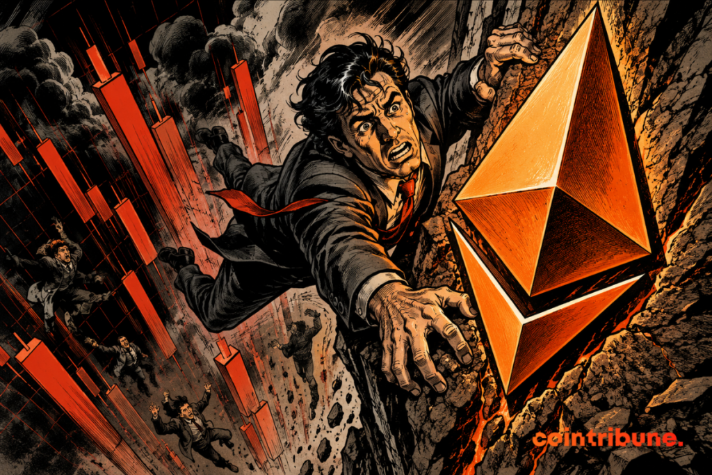 Dramatic illustration showing a man in a suit falling backwards as he tries to catch the Ethereum logo hanging from a rock, symbolizing volatility and the struggle to maintain support for the crypto. Free-falling red candlesticks appear in the background, representing bearish pressure in the market.