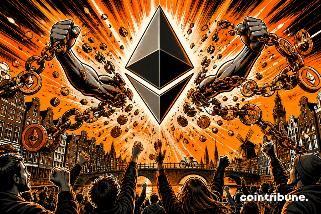 Illustration of the Ethereum logo surrounded by broken chains, symbolizing Glamsterdam and the expected increase in network capacity.
