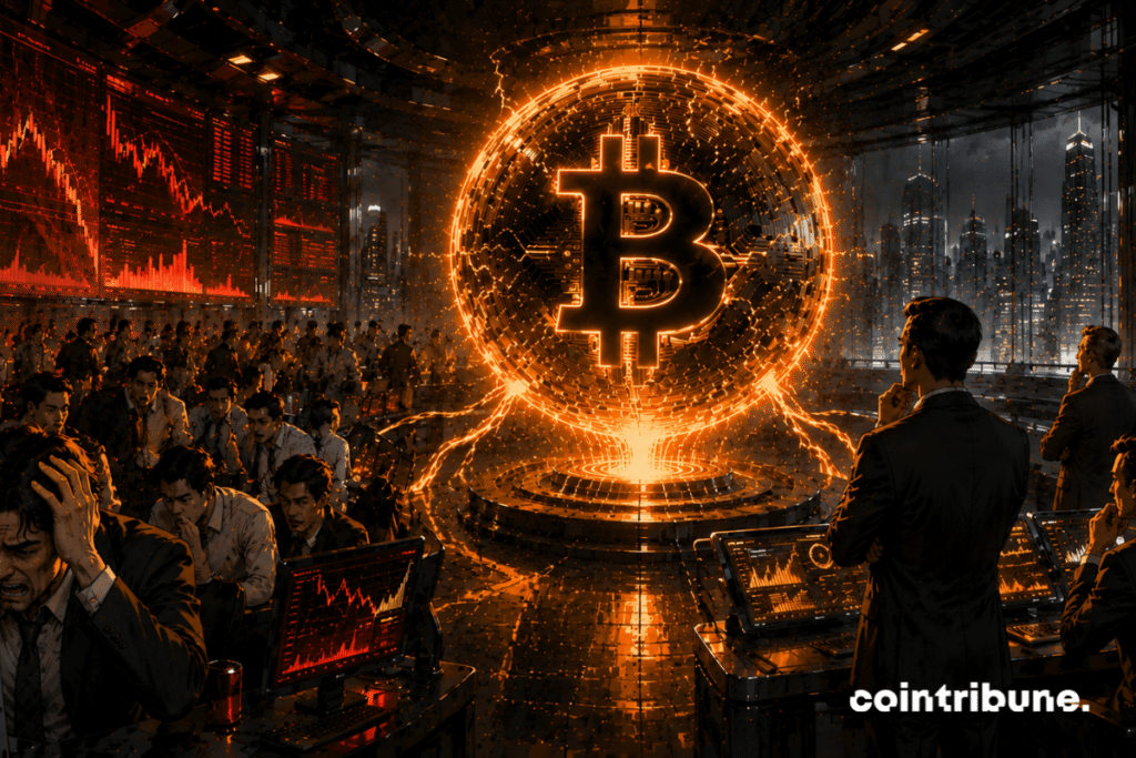 In a huge futuristic crypto trading floor, a crowd of stressed traders stare at abstract red screens while a small, calm group observes a stabilized glowing Bitcoin. The partially shadowed Bitcoin is surrounded by a resilient energy halo.