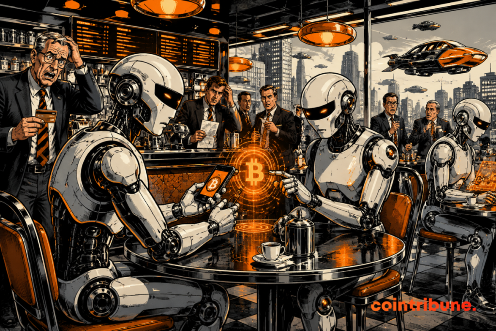 Robots naturally trade crypto in a futuristic cafe, while perplexed humans observe their silent technological advance