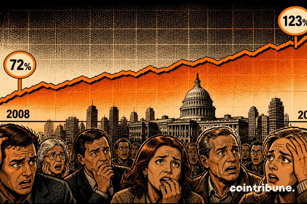A debt curve turns into a menacing creature. It goes from 72 to 123%.
