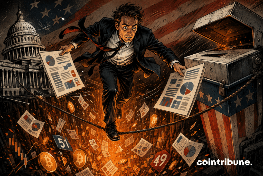 A man in a suit walks on a wire across an orange chasm filled with crypto and ballots, between the Capitol and a ballot box.