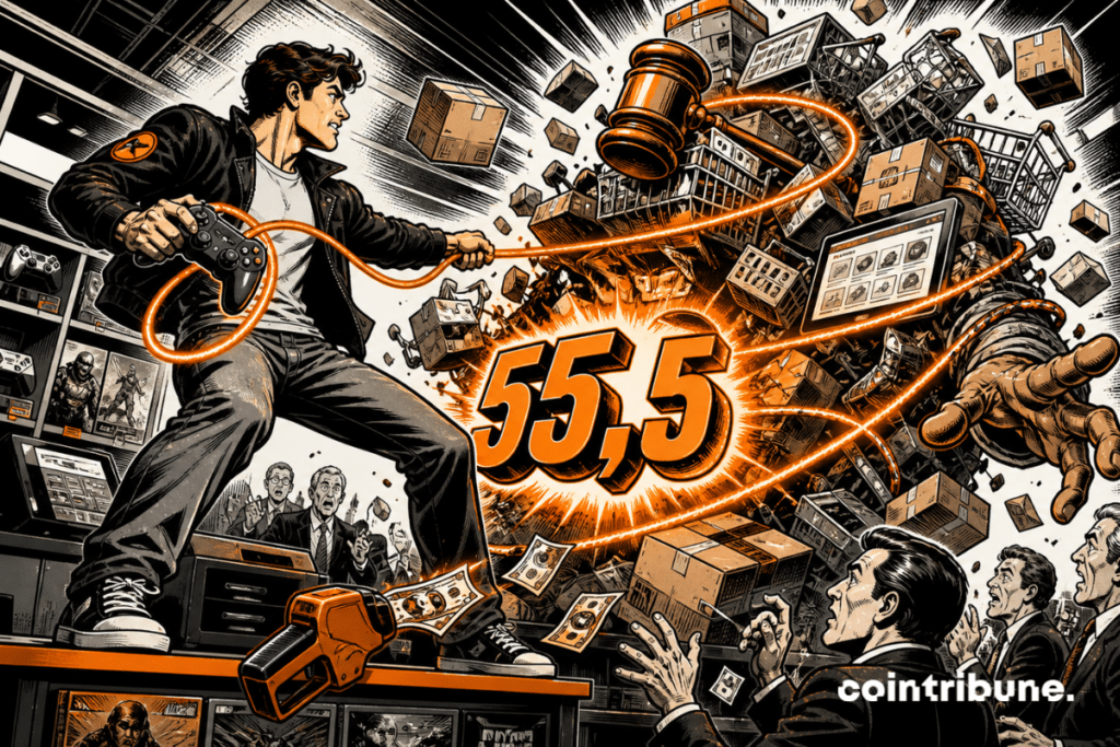 a man pulling an orange lasso around a pile of packages, baskets and a Gamestop auction hammer