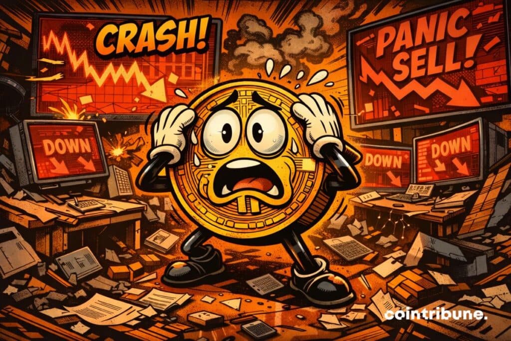 Bitcoin in panic in a falling trading room.