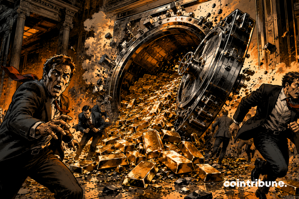 A giant gutted safe lets gold bars escape. Panicked investors are running in several directions.