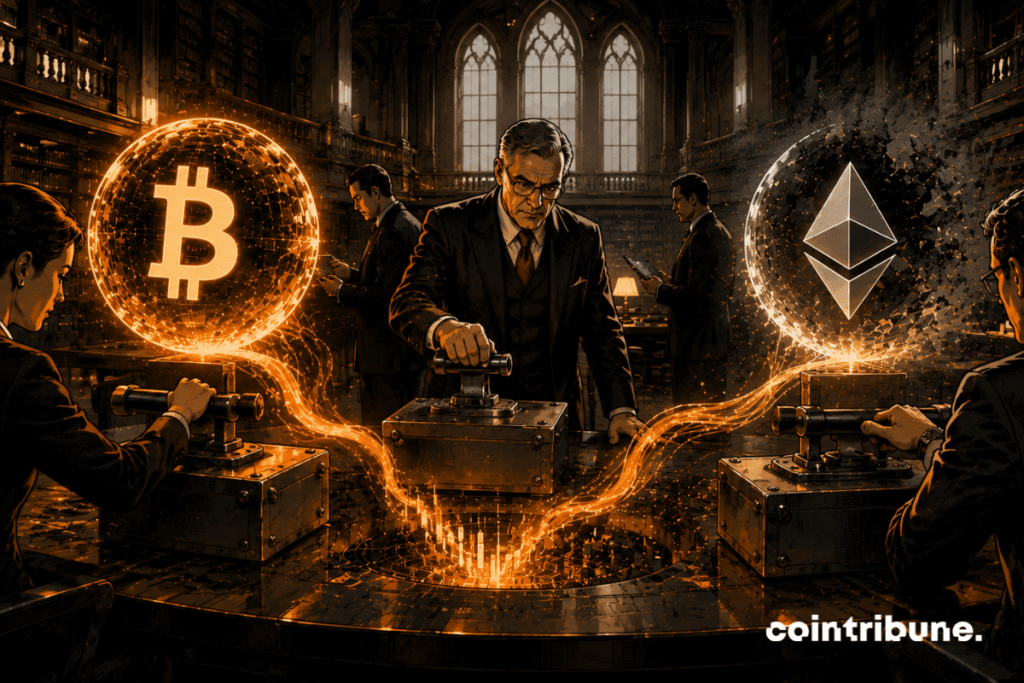 A huge futuristic university library is transformed into a financial center. Institutional officials close crypto digital vaults. An Ethereum sphere is gradually dying out while Bitcoin is losing its intensity.