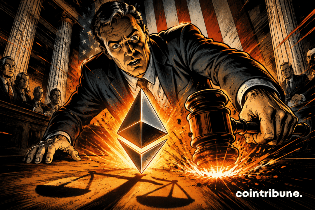70s comics style illustration showing a judge's gavel hitting near the Ethereum symbol, under the surprised gaze of a financial executive.