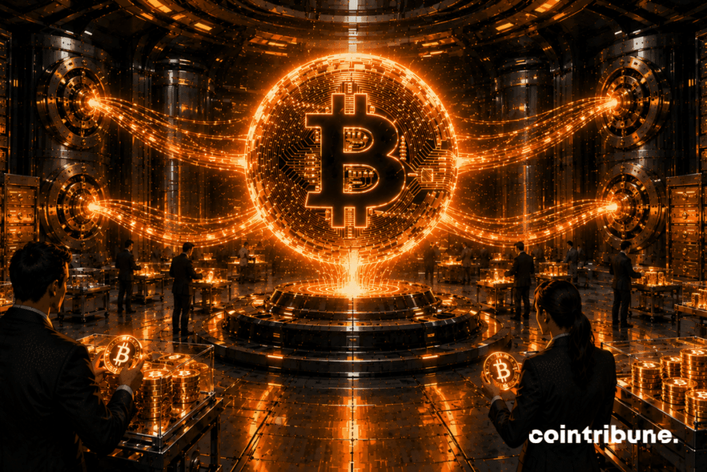 In a huge, ultra-secure futuristic crypto vault, institutional investors and historical holders methodically accumulate glowing Bitcoins.