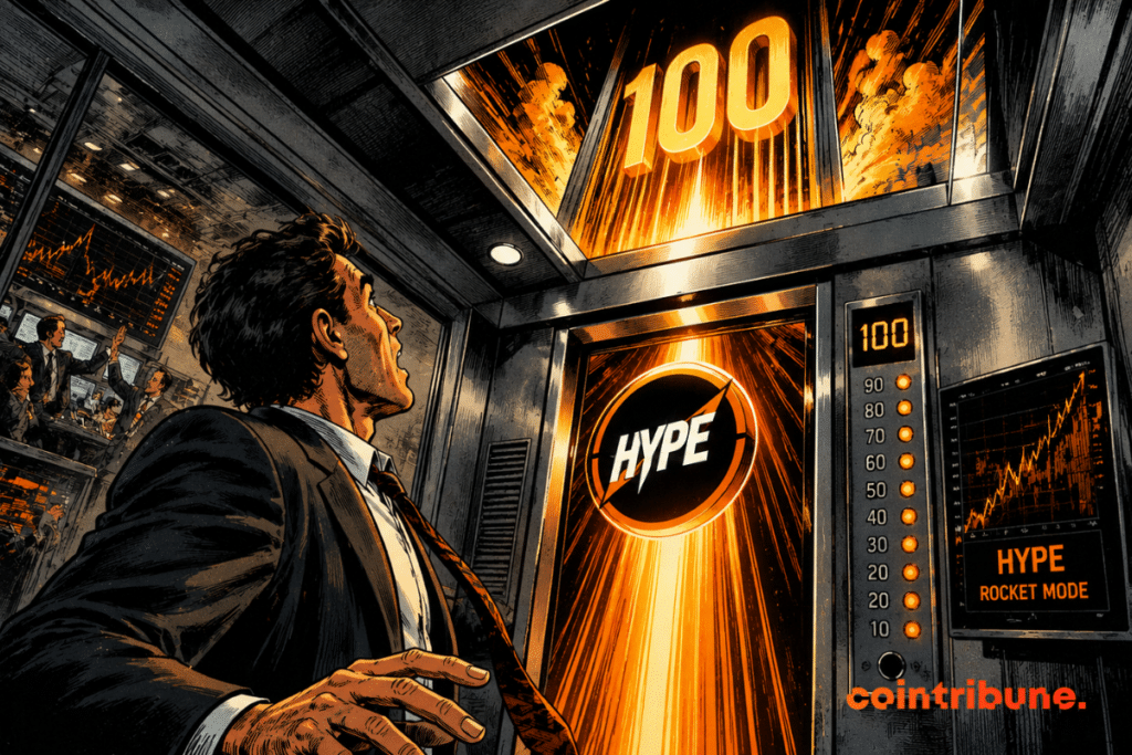 A stunned trader observes the meteoric rise of HYPE towards 100, in an explosive atmosphere of euphoric and intense financial market