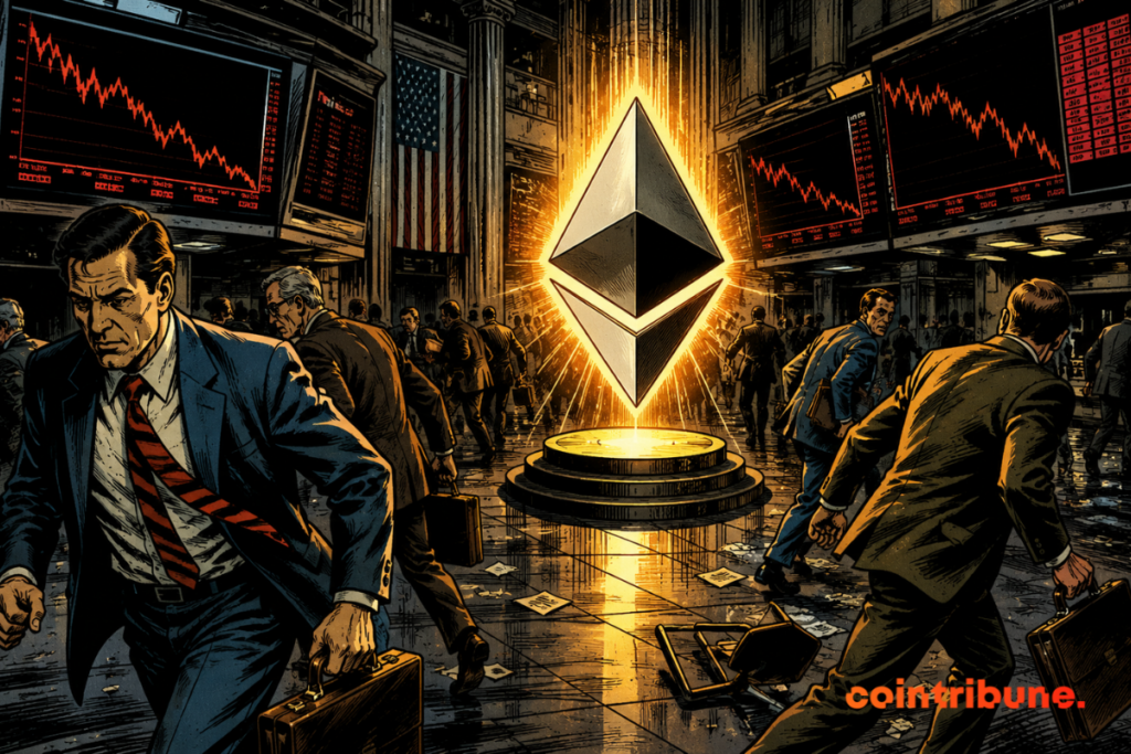 Panicked investors flee financial room as huge glowing Ethereum symbol remains abandoned amid chaos