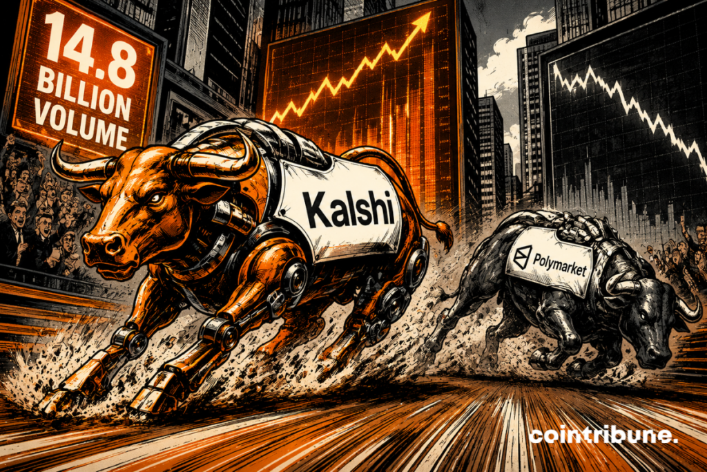 Two mechanical bulls representing Kalshi and Polymarket compete in an explosive race, under the gaze of a delirious urban crowd