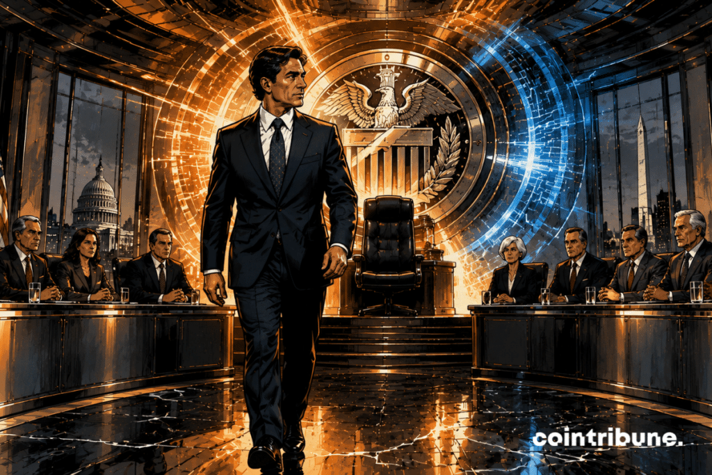 In a huge futuristic Fed-inspired monetary decision room, a Kevin Warsh-inspired figure advances toward a bright central seat surrounded by FOMC members.