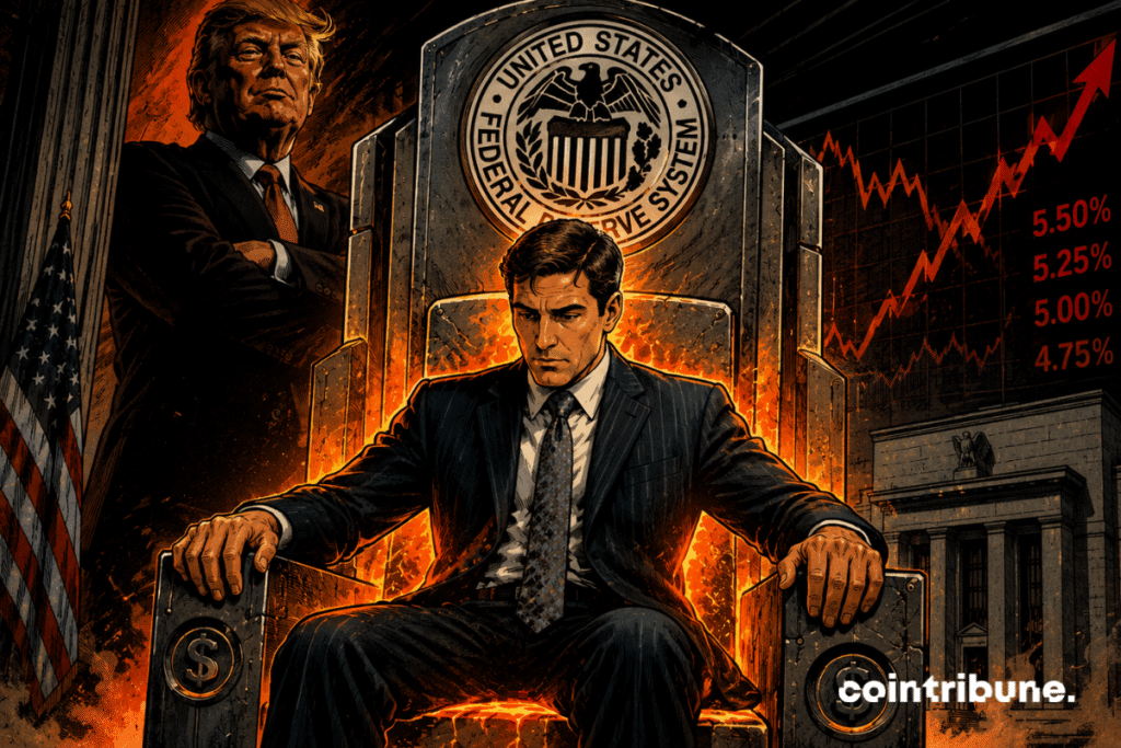 A banking executive sits on a glowing throne under political pressure, while an imposing figure dominates an ominous economic atmosphere