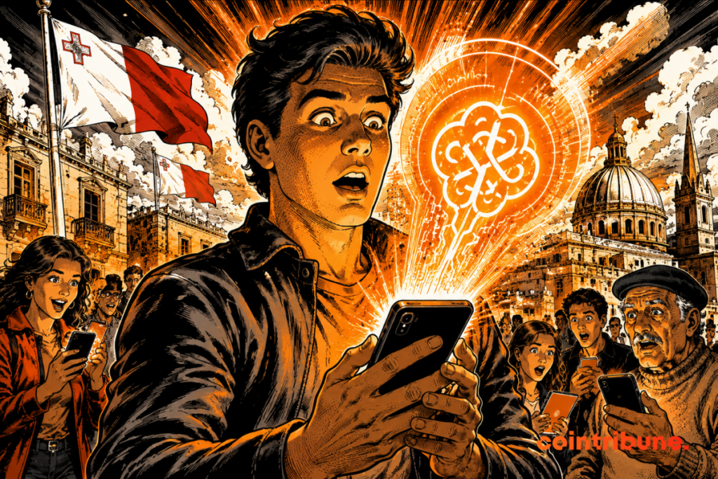 Illustration of Maltese citizens discovering ChatGPT on their smartphones, symbolizing free access to artificial intelligence via the partnership between Malta and OpenAI.