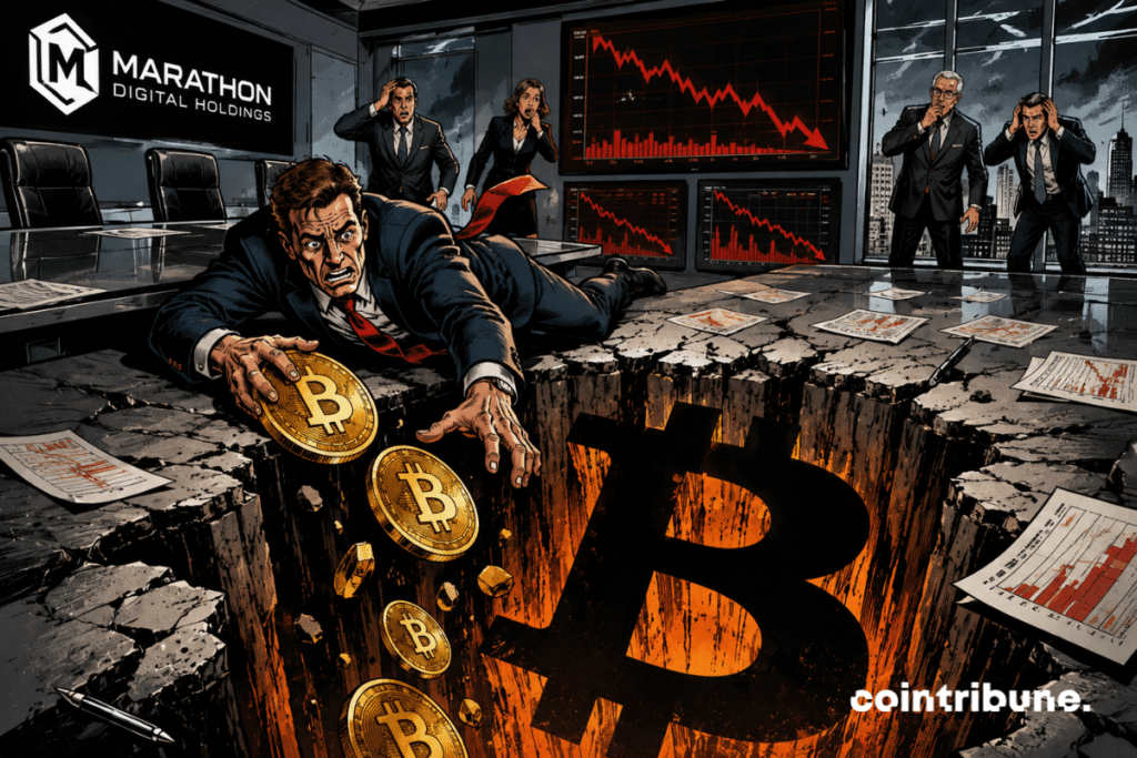 Panicked executive tries to save bitcoins falling into a giant sinkhole as his company suddenly sinks financially
