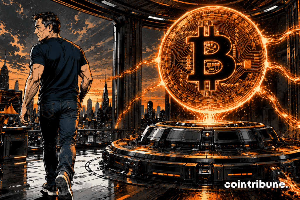In a huge futuristic financial room, a billionaire entrepreneur inspired by Mark Cuban turns his back on a gigantic Bitcoin sphere.