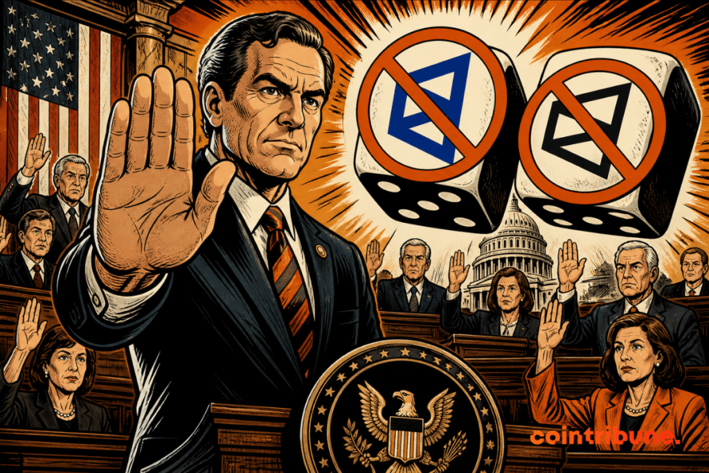 Illustration of the US Senate banning betting on Kalshi and Polymarket, with elected officials raising their hands in front of crossed out dice.