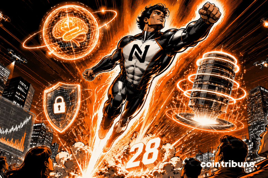 futuristic hero NEAR AI explosive flight artificial intelligence cybersecurity scalability city cyberpunk traders drones energy orange spectacular rise profitable blockchain