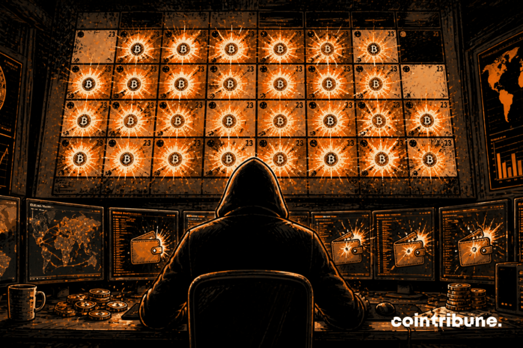 A hacker in silhouette observes several screens. Each day of the calendar is marked by a light explosion, which symbolizes the various attacks carried out during the month of April 2026.