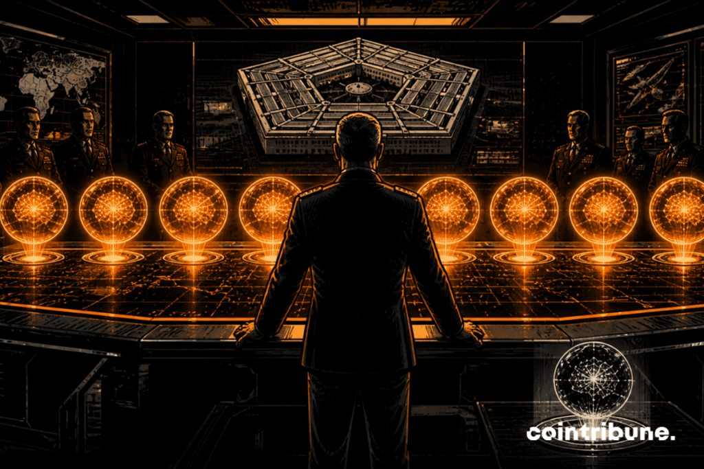In a futuristic military command room, a Pentagon officer observes 7 luminous spheres lined up in front of him. Each sphere represents an AI firm.