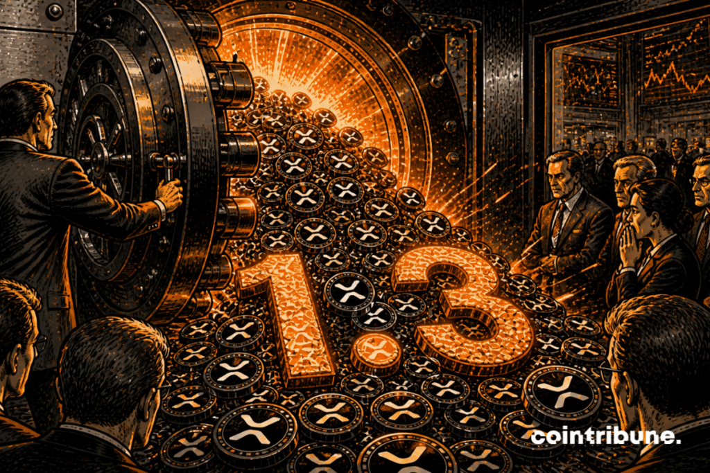 A Ripple employee triggers the opening of a massive gate leading to a wave of XRP spheres.