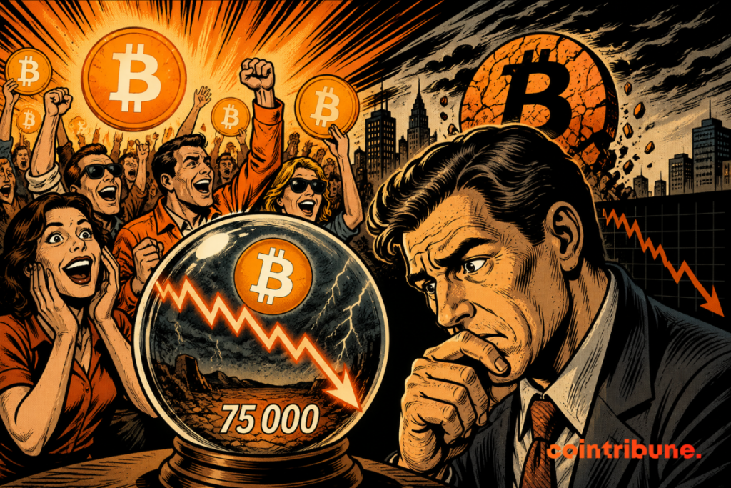 Illustration showing the social euphoria around Bitcoin, with a crystal ball signaling a possible decline towards $75,000 on the crypto market.