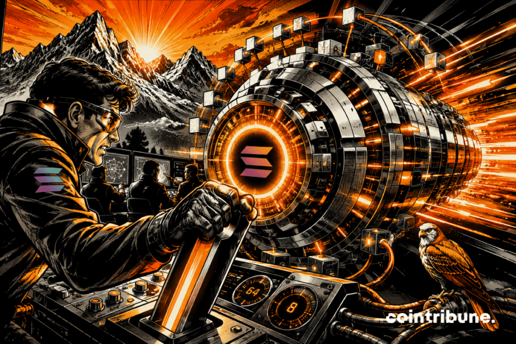 An operator activates a glowing Solana turbine in a futuristic control room, facing orange mountains.
