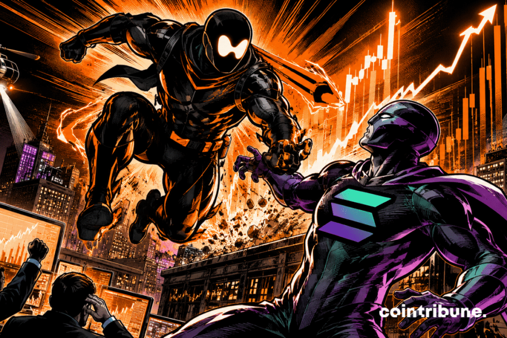 robot fight crypto Hyperliquid Solana city cyberpunk traders graphics explosion orange energy neon dynamic rooftop futuristic titanic fight visual