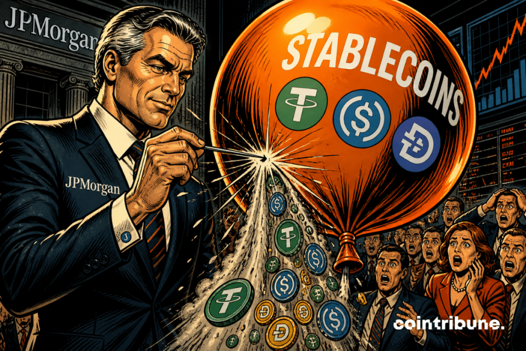 A banker punctures a giant balloon of stablecoins, causing widespread panic as shocked investors watch as the illusion abruptly collapses