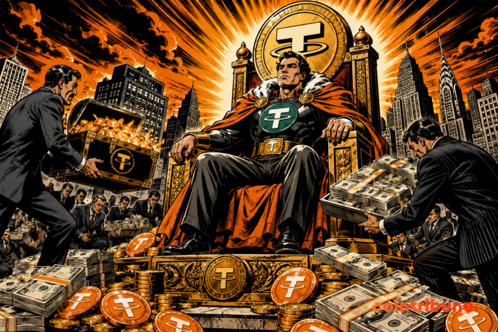 Illustration showing USDT at the center of a busy stablecoin market, surrounded by capital, digital coins and financial players.