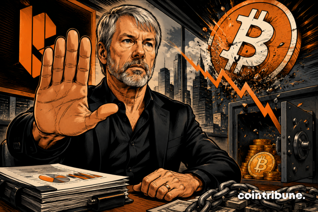 Illustration of a Strategy executive raising his hand in front of a falling chart, with the Bitcoin symbol and a cryptoasset reserve in the background.