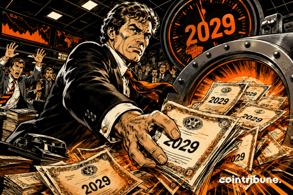 Financial strategy executive aggressively retrieving 2029 bonds from a glowing Bitcoin vault, under dramatic tension, in the heart of a chaotic trading room.