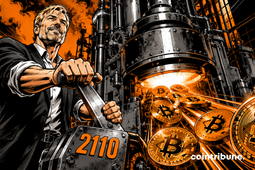 Michael Saylor operates a gigantic industrial machine spitting out flaming bitcoins, under stunned gazes, in an explosive retro comics atmosphere.