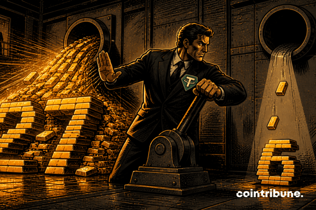 A Tether Manager pulls a lever in a vault full of gold. The flow of bullion stops.