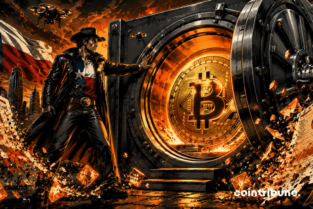 Texas cowboy protects Bitcoin reserve giant safe financial drones storm cyberpunk sovereignty crypto documents ETF explosives intense orange