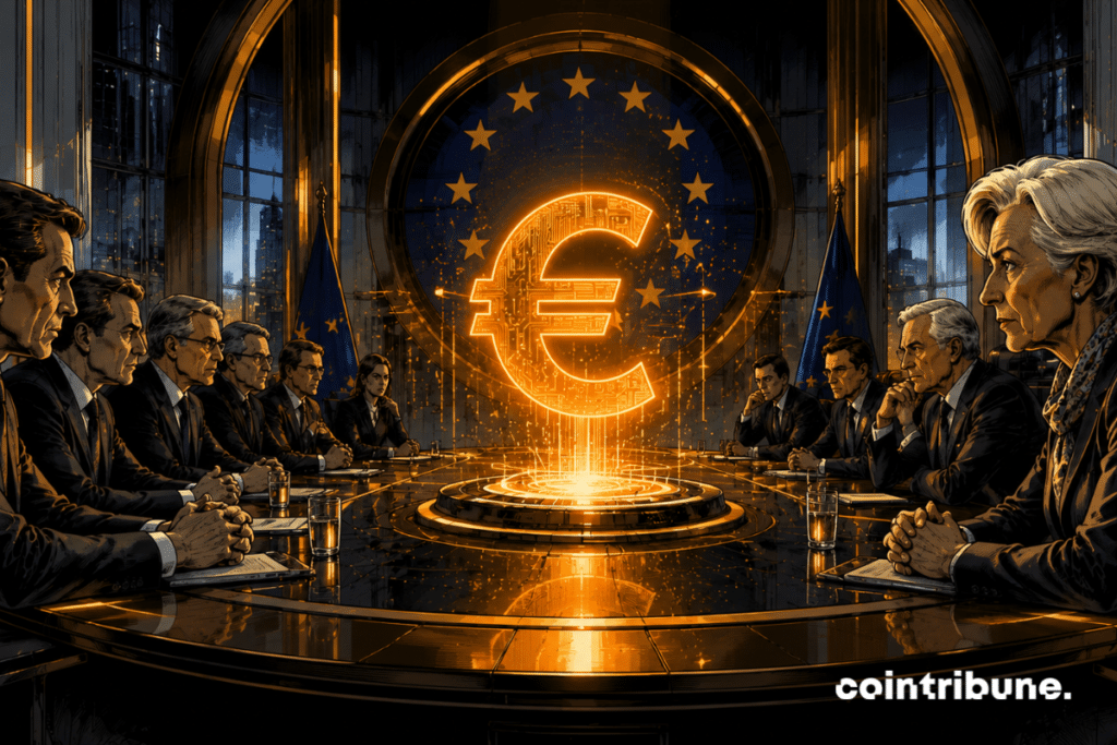 In a European meeting room, two institutional groups sit opposite each other around a circular table. The glowing hologram of a digital euro floats between them.