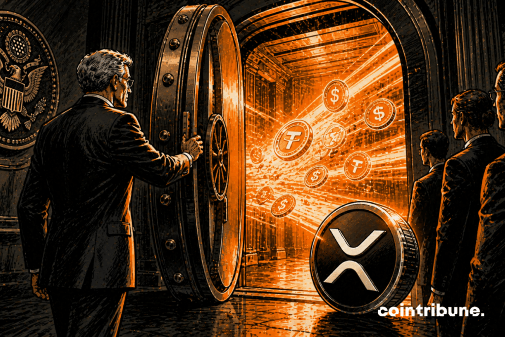 A Fed governor opens a huge armored door. Behind the door, light streams represent stablecoins like XRP's RLUSD.
