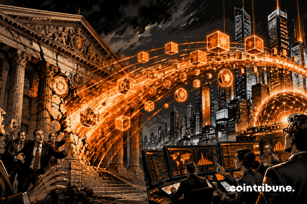 traditional bank cracked energy bridge tokenization blockchain futuristic city digital traders financial transformation innovation orange cyberpunk modernization spectacular global