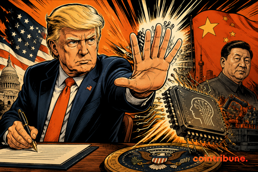 Illustration showing Trump signing an executive order while raising his hand to block a microchip, with the American flag and Chinese President Xi Jinping in the background, symbolizing the strategic competition in artificial intelligence between the United States and China.