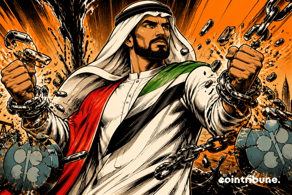 Emirati OPEC man breaks explosive chains, oil gushes out, desert skyline, vintage comics style, power, energy release, dramatic orange black contrast