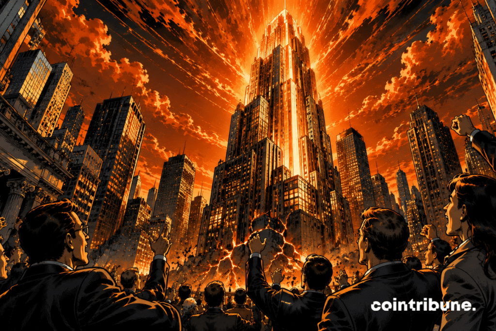On the streets of Wall Street, euphoric investors watch skyscrapers rise ever higher, symbolizing the record valuations of the American stock market.