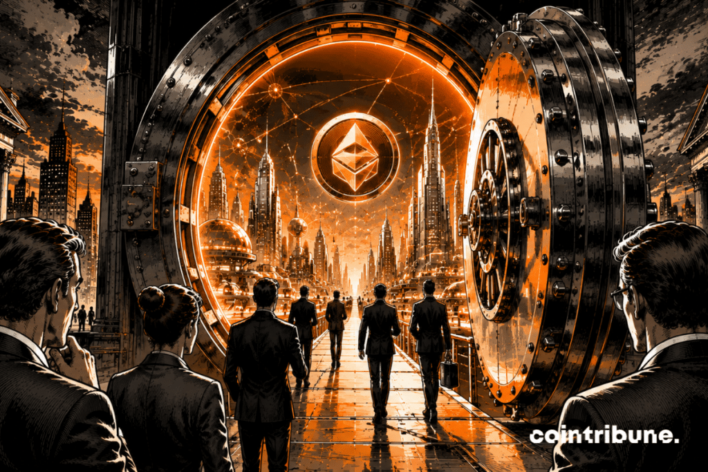 A huge futuristic portal inspired by institutional finance opens. Many traders advance towards this passage with curiosity and confidence, which symbolizes the launch of the BNB ETF.