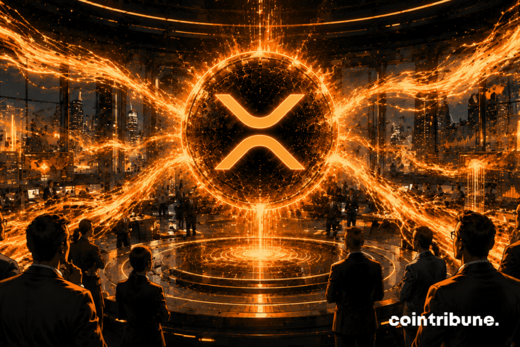 In a huge futuristic financial room, institutional investors observe massive energy flows. An XRP sphere is stable in the center while gigantic glowing ETF flows converge towards it.