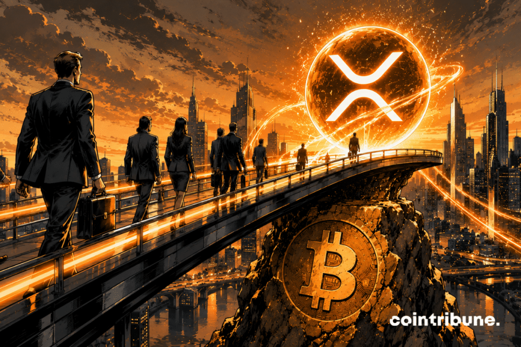 On a futuristic suspension bridge, institutional investors move forward together. A huge XRP luminous sphere evolves above a massive Bitcoin-inspired pillar.
