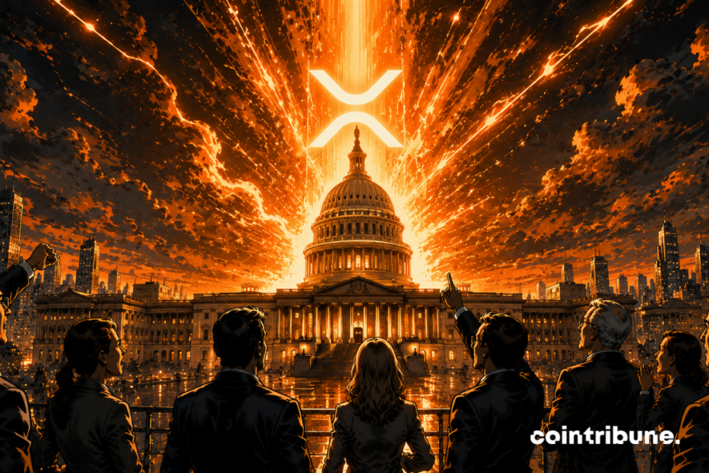 Inside the US Capitol, investors and analysts watch as immense XRP energy bursts from the building. This column of light explodes in the sky.