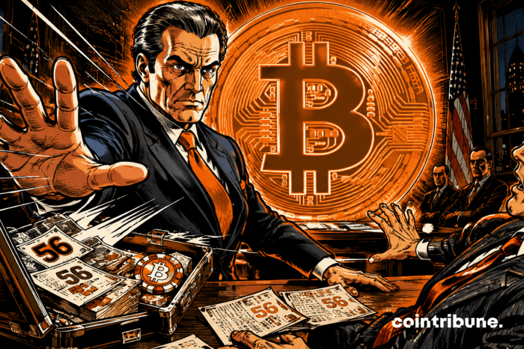 Executive violently rejecting a gigantic financial offer, while a colossal Bitcoin lights up a boardroom in dramatic tension.