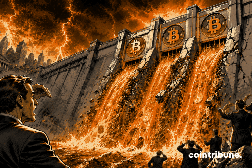 A financial analyst observes a gigantic dam decorated with Bitcoin symbols. The monument lets out torrents of light representing capital outflows from ETFs.