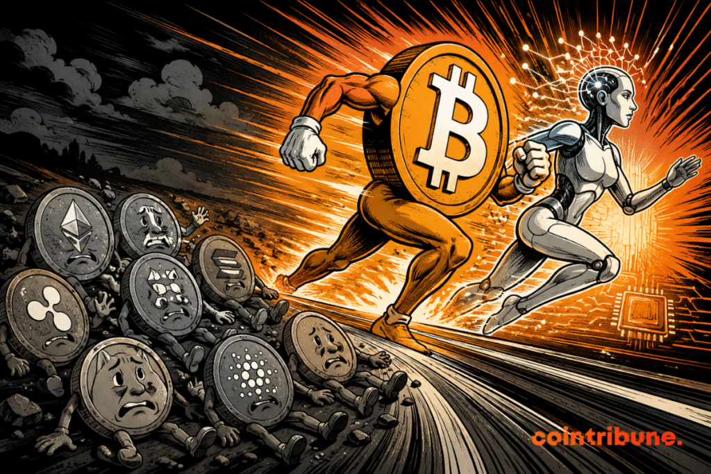 Illustration showing Bitcoin dominating Altcoins and attracting capital to AI, symbolizing the rotation of investments in the crypto market.