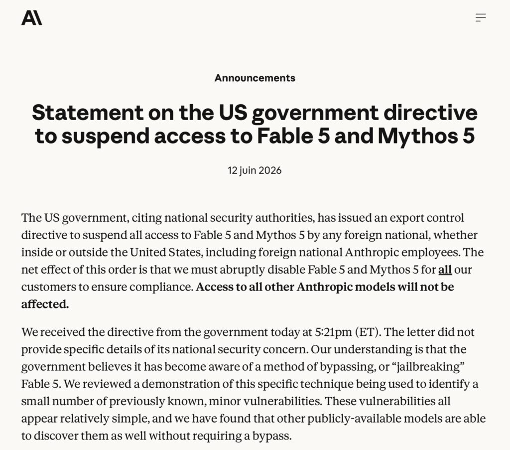 June 2, 2026, the United States government delivered a massive blow to centralized AI. Indeed, an emergency directive forced Anthropic to globally deactivate its flagship models, Fable 5 and Mythos 5, under the pretext of risks to national security.