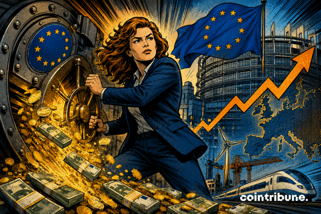 An EU official opens a bank vault from which funds intended to finance the economy escape.